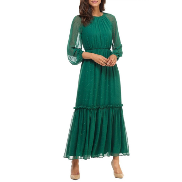 Gal Meets Glam Georgette Maxi Dress Holly Green Womens 18 Tiered Sheer Sleeve - Picture 1 of 15